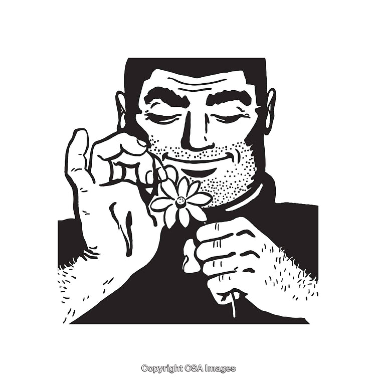 Black and White Line Art of a Man Holding a Flower