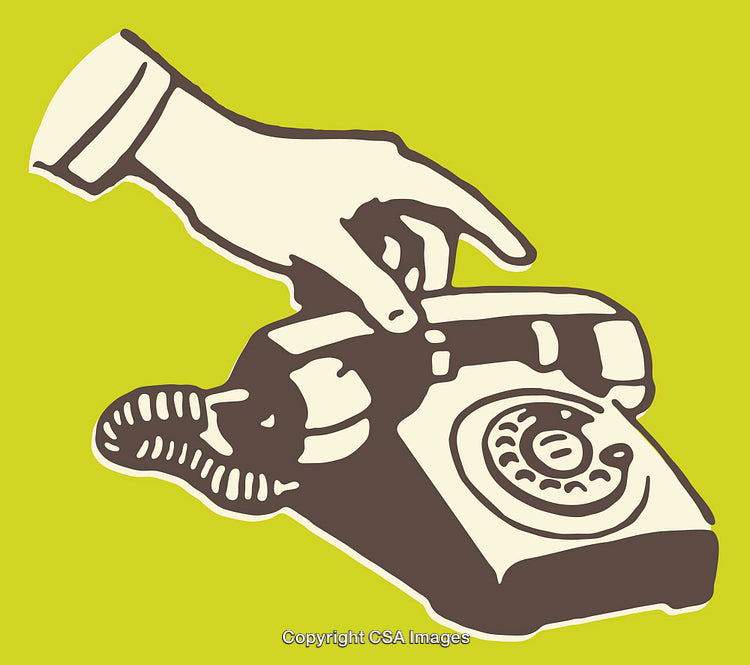 Illustration of a Hand Operating a Vintage Rotary Dial Telephone