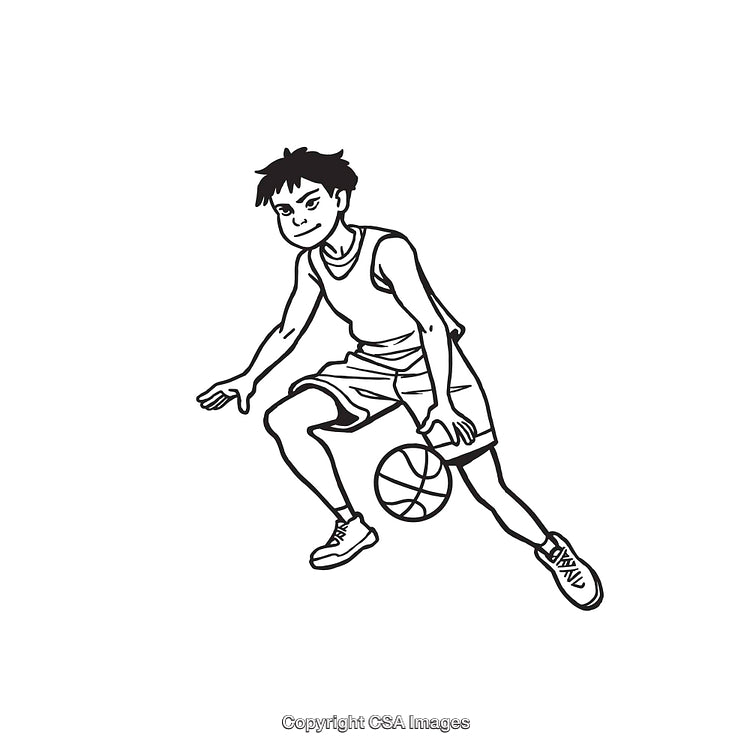 Dynamic Black and White Line Art of Basketball Player Dribbling