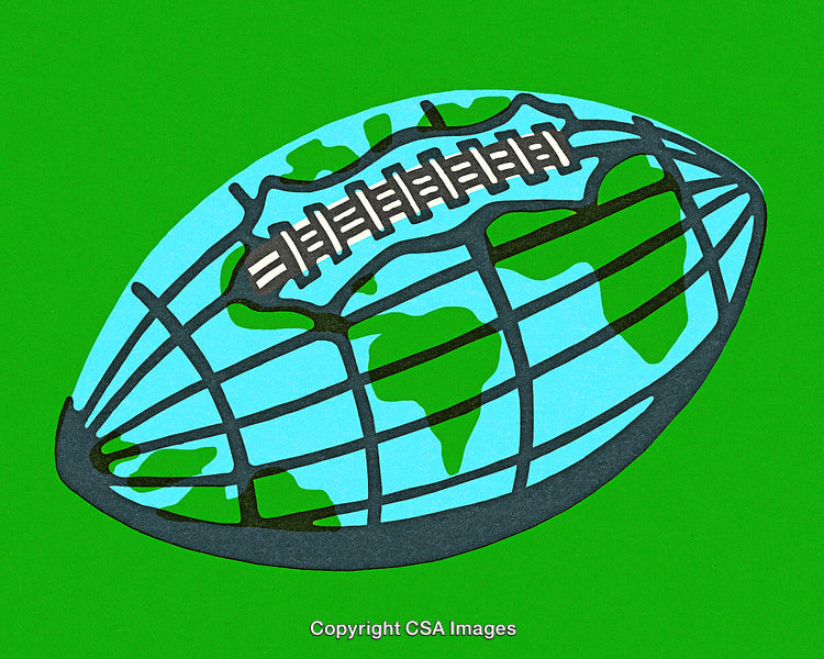 Creative Illustration Combining a Football With a World Globe on Green Background