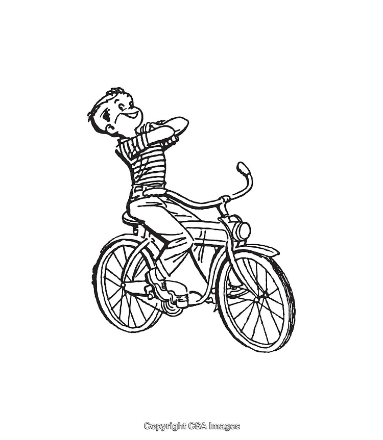 Joyful Boy Riding Bicycle in Classic Black and White Line Art Illustration