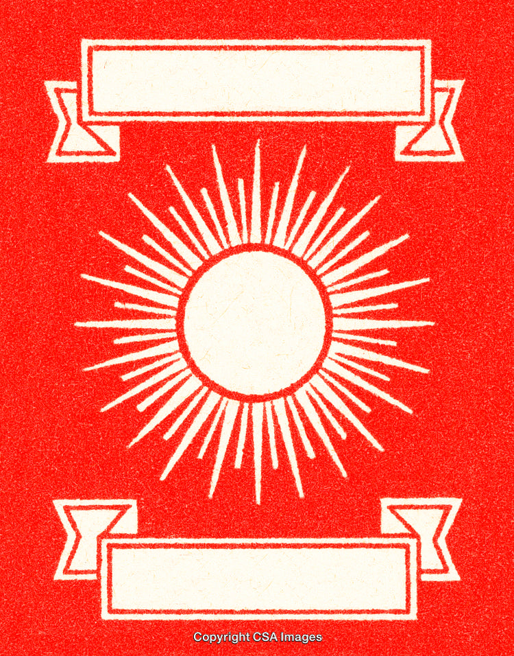 Bright Vintage Emblem With Sun Motif and Text Banners on Red Background