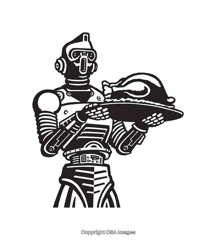 Retro Robot Serving Roasted Turkey in Vintage Line Art Style