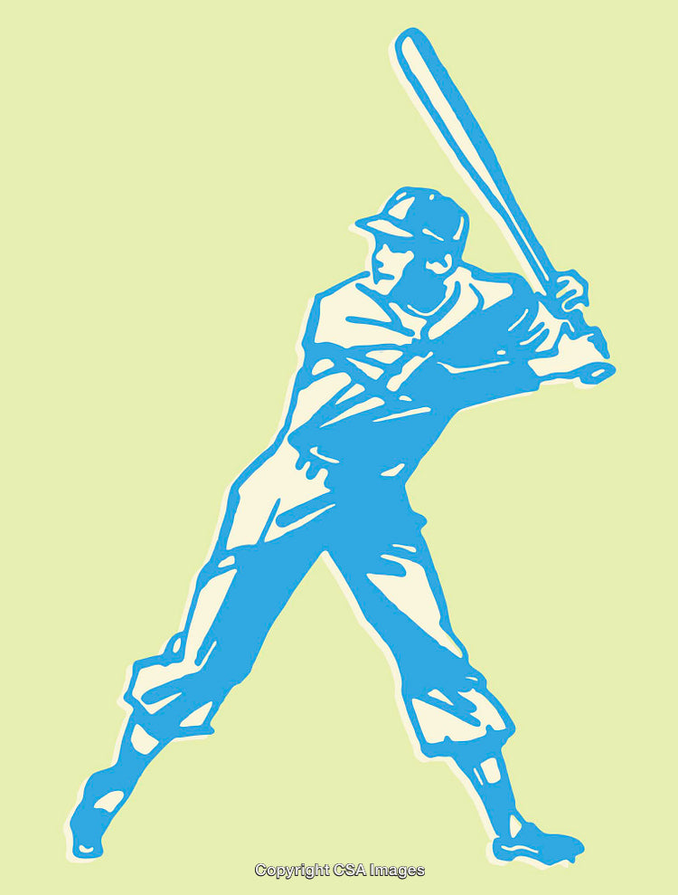 Baseball Player Illustration in Blue Line Art on Light Green Background