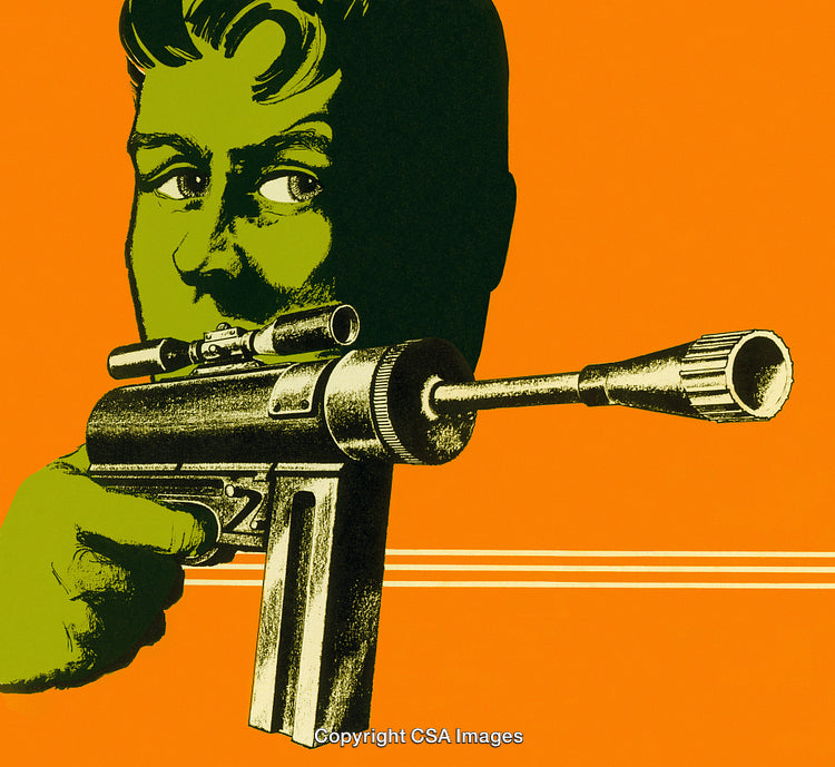 Retro Illustration of a Man Aiming a Futuristic Gun on an Orange Background