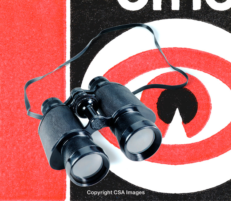 Vintage Binoculars on Artful Background Featuring Bold Red and White Graphics