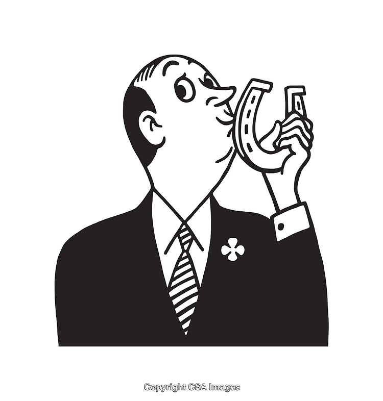 Man in Suit Holding and Kissing a Lucky Horseshoe in Line Art