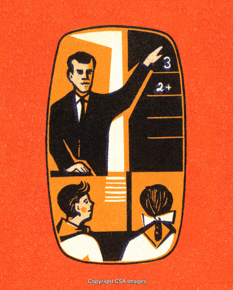 Retro Illustration of Teacher Presenting a Lesson to Students in Classroom Setting