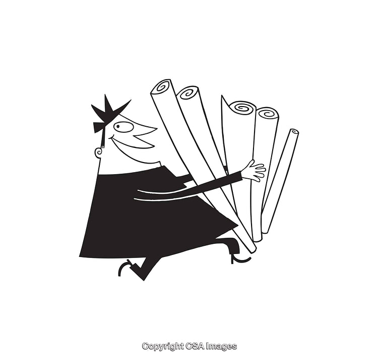 Black And White Line Art of a Cheerful Character Carrying Rolls of Paper