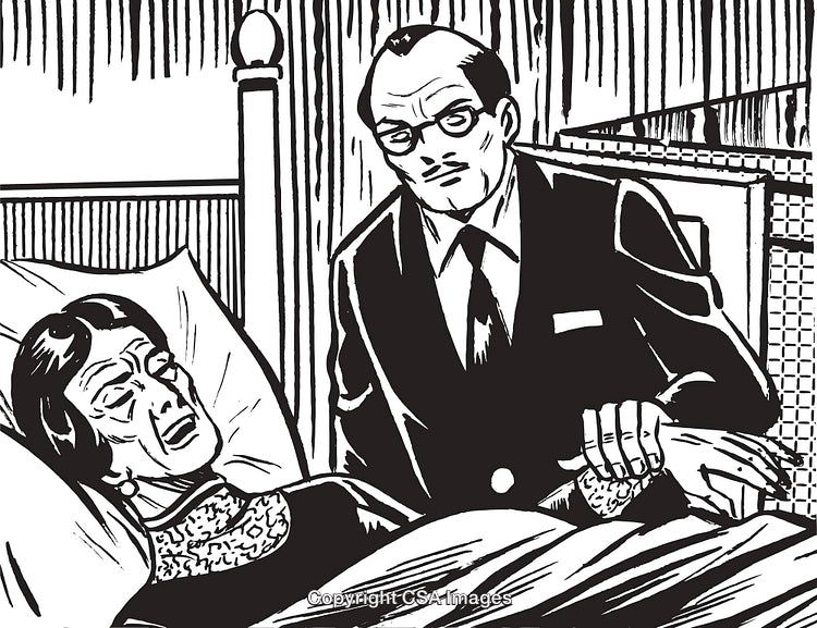 Black and White Illustration of a Bedridden Woman Tended by a Concerned Man