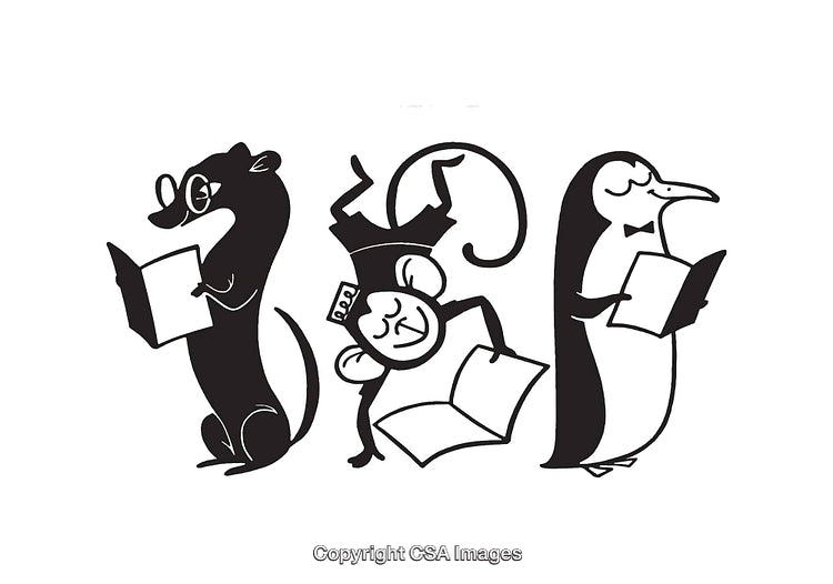 Black and White Illustrated Animals Reading Books in Line Art Style