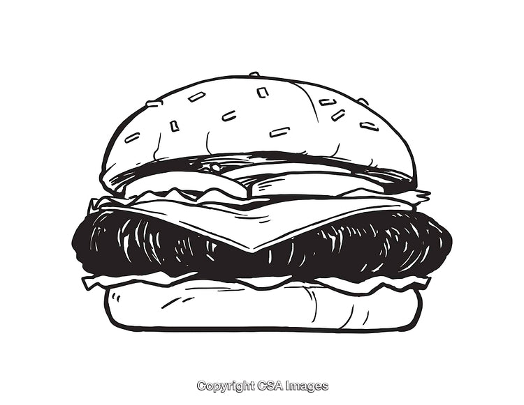 Black and White Illustration of a Cheeseburger with Lettuce and Bun
