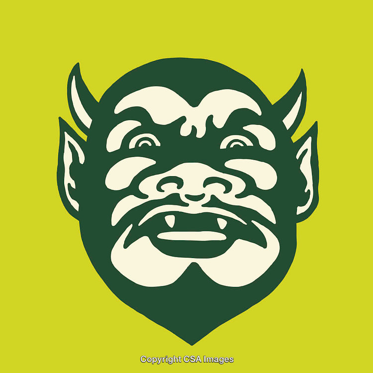 Abstract Line Art Illustration of a Grimacing Goblin Face on Green Background