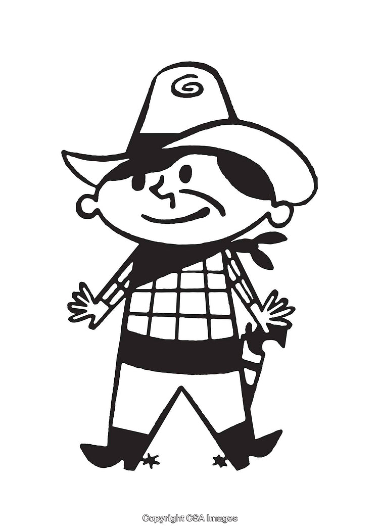 Black and White Line Art Illustration of a Cartoon Cowboy Character