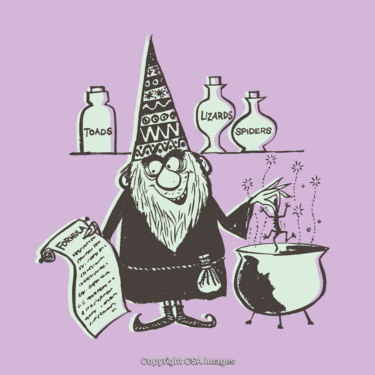 Cartoon Wizard Crafting Potion with Witchcraft Ingredients in Cauldron