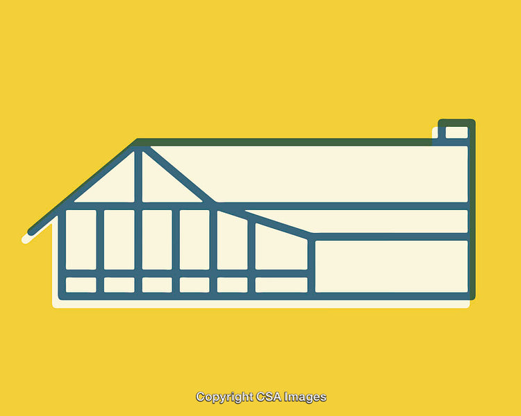 Minimal Line Art of Half-Timbered House on Yellow Background