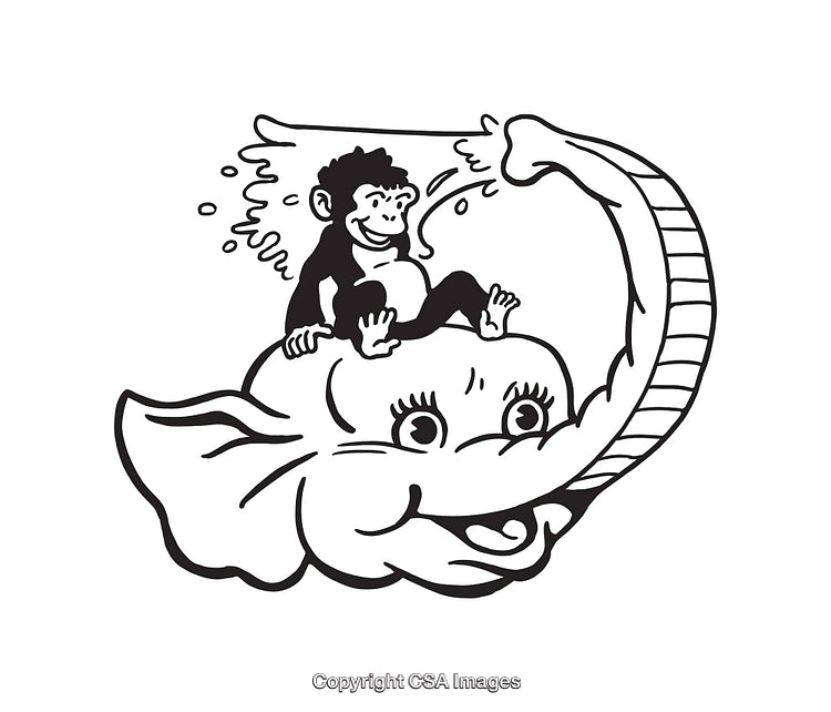 Playful Monkey Sitting on Friendly Elephant's Head in Whimsical Artwork