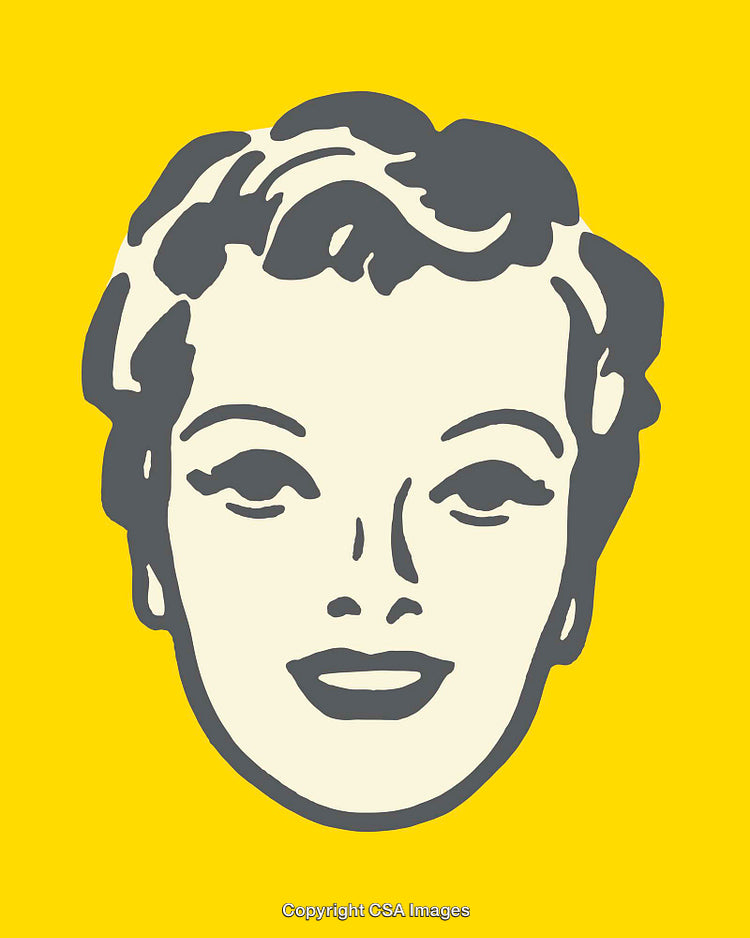 Vintage Style Illustration of a Smiling Woman on Vibrant Yellow Background