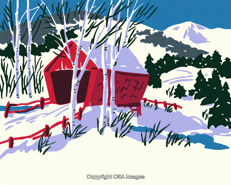 Winter Cabin Illustration in Snowy Forest Landscape Artwork
