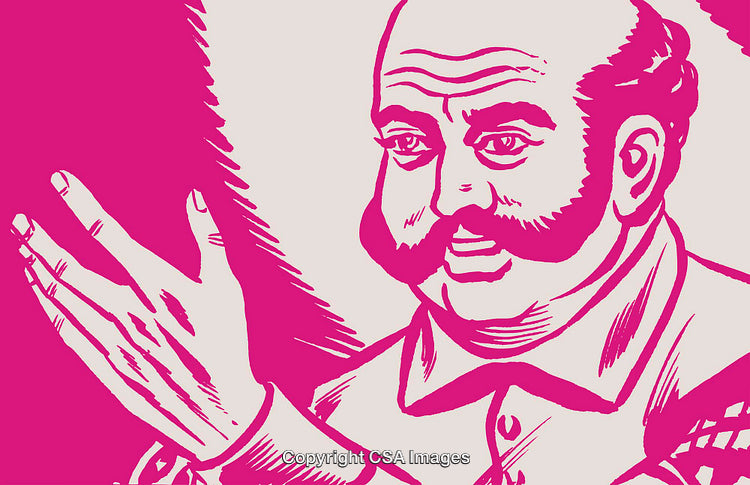 Pink Vintage-Style Illustration of a Distinguished Man Gesturing Expressively