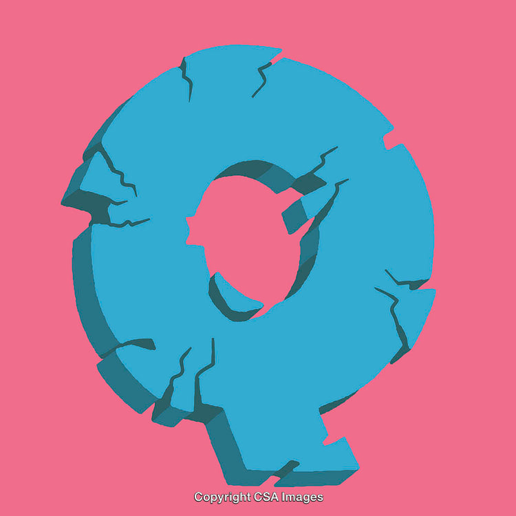 Cracked Blue Letter Q on Vibrant Pink Background