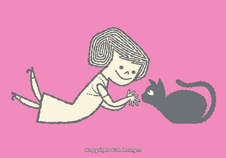 Whimsical Illustration of a Girl and a Cat on Pink Background