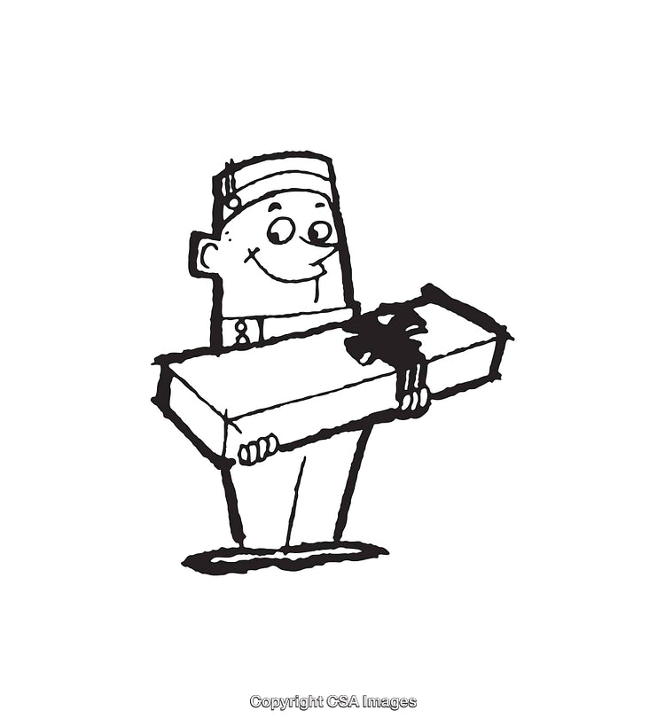 Black and White Illustration of Happy Character Holding a Wrapped Gift