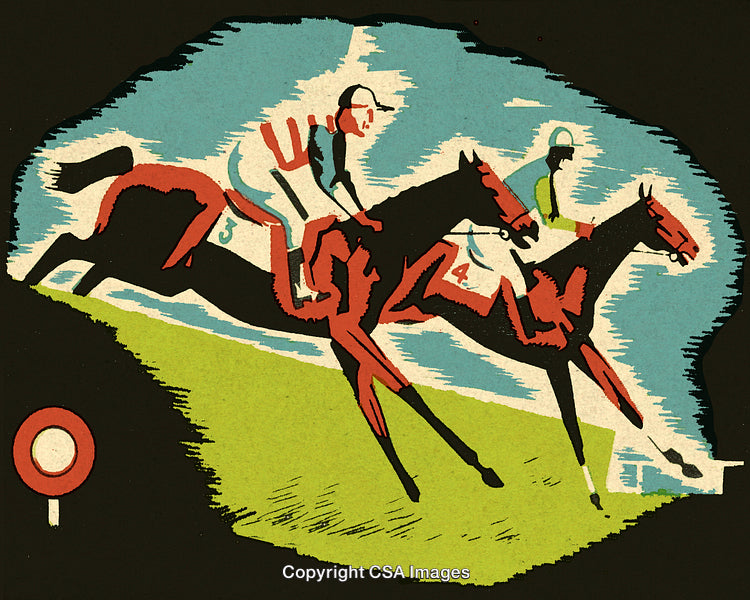 Vintage Illustration of Jockeys Riding Racehorses Against Artistic Sky Backdrop