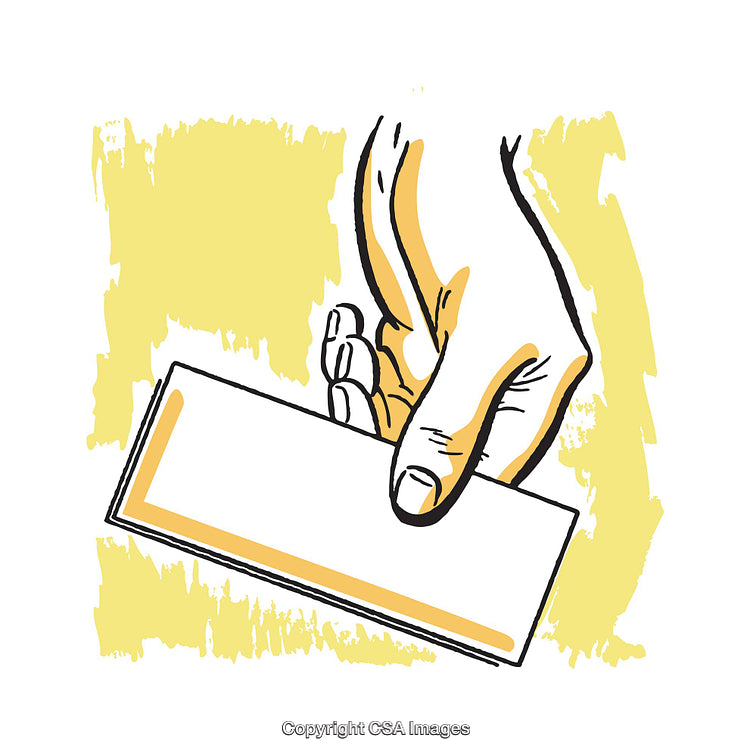 Hand Holding a Blank Card With a Yellow Graphic Background