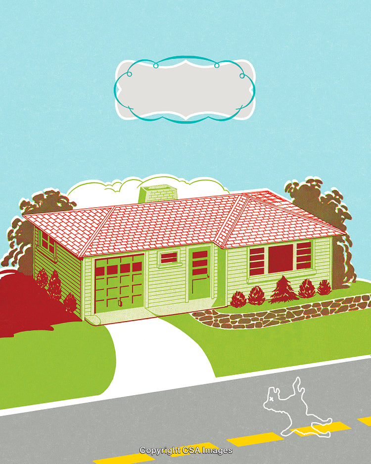 Colorful Retro Style Illustration of a Suburban House with Roadside Scene