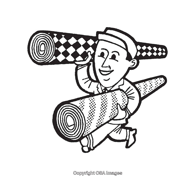 Black and White Illustration of a Happy Worker Carrying Rolled Fabrics
