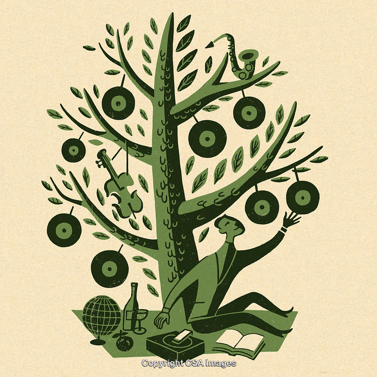Artistic Illustration of a Cultural Tree Reflecting Music and Knowledge