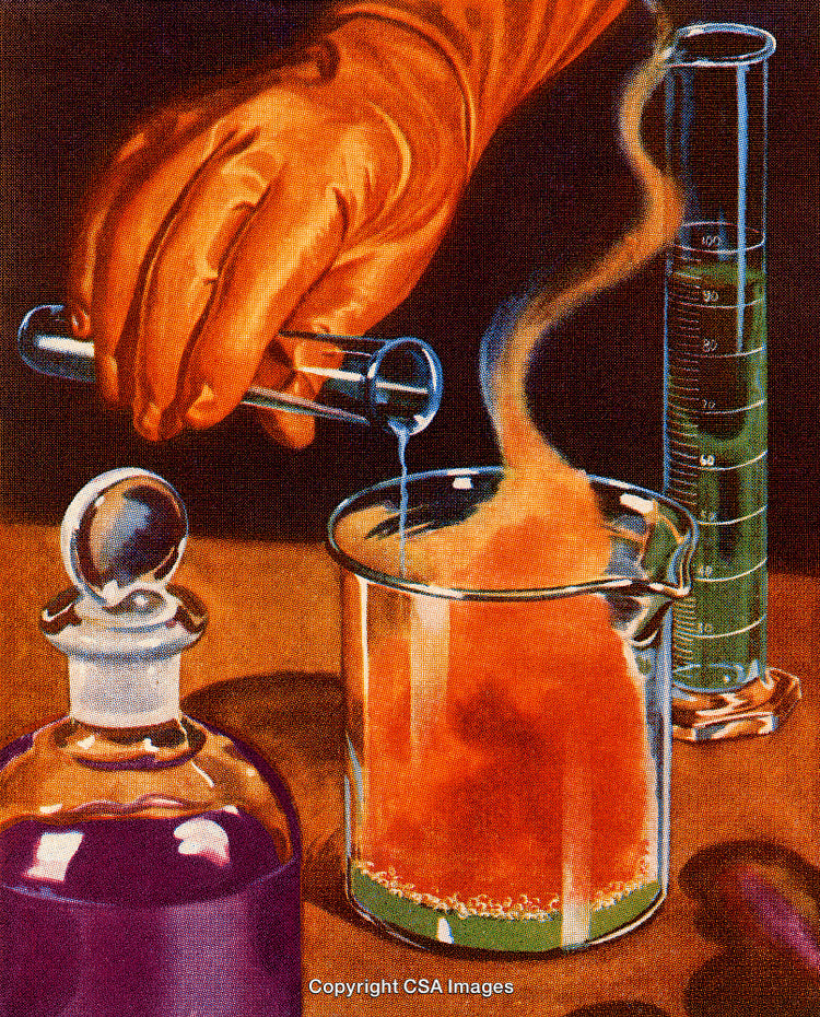 Scientific Experiment With Bubbling Chemicals in Glass Beakers and Test Tubes