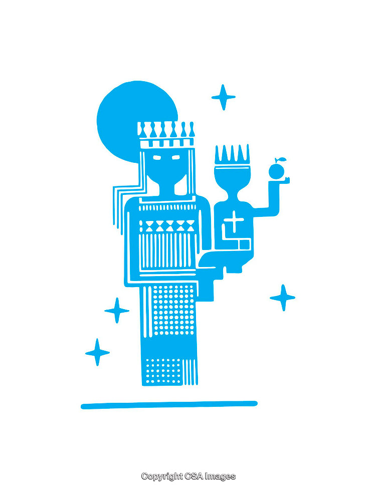 Minimalist Blue Icon Depicting Royal Figures with Symbolic Details