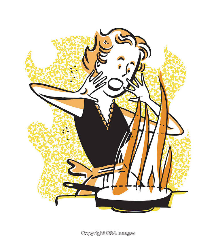 Retro Illustration of Woman Reacting To Cooking Fire Accident