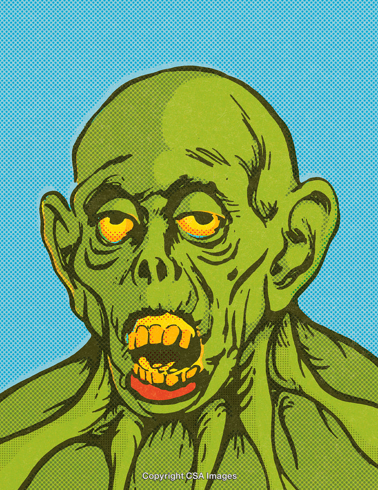 Retro-Style Graphic of a Green Zombie on a Halftone Pop Art Background