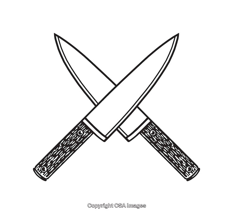 Crossed Chef Knives Illustration in Black and White Line Art Style