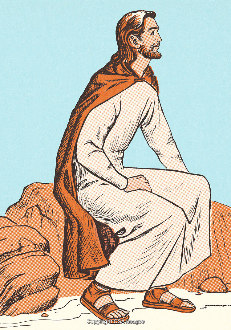 Illustration of Seated Man in Historical Robe on Rocky Terrain