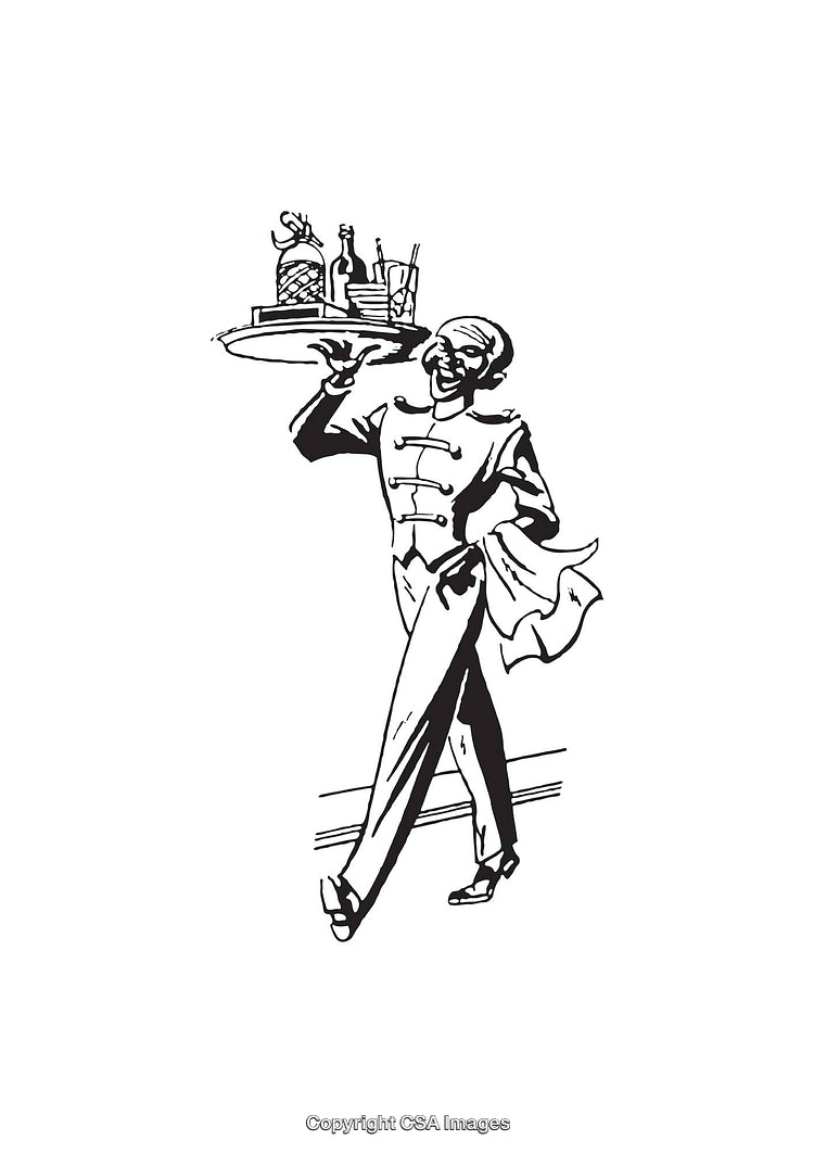 Elegant Waiter Carrying a Tray with Bottled Beverages, Line Art Illustration