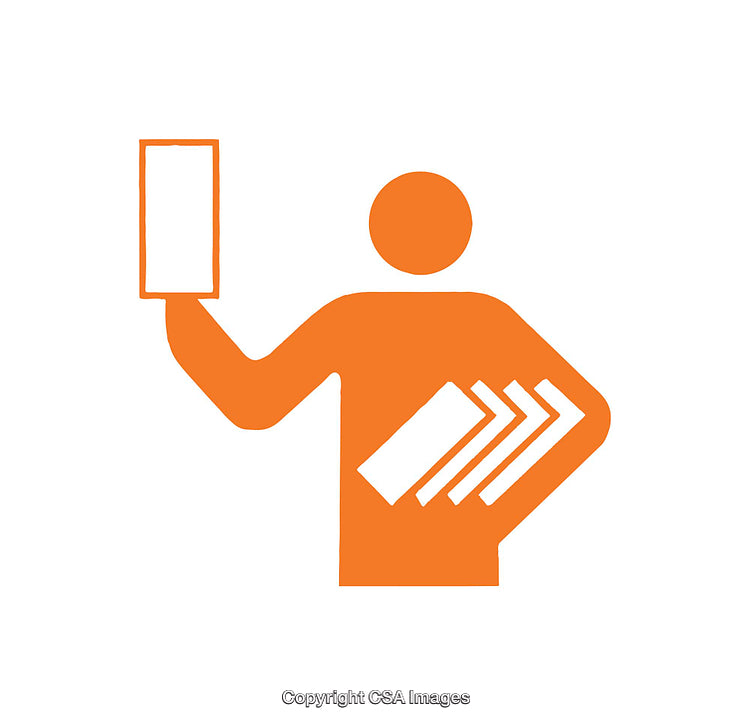 Orange Icon Depicting a Person Holding a Card and Motioning Forward