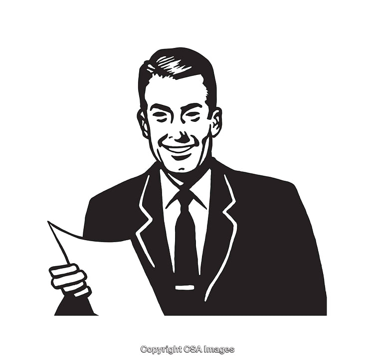 Smiling Businessman Holding a Paper in Black and White Line Art Style