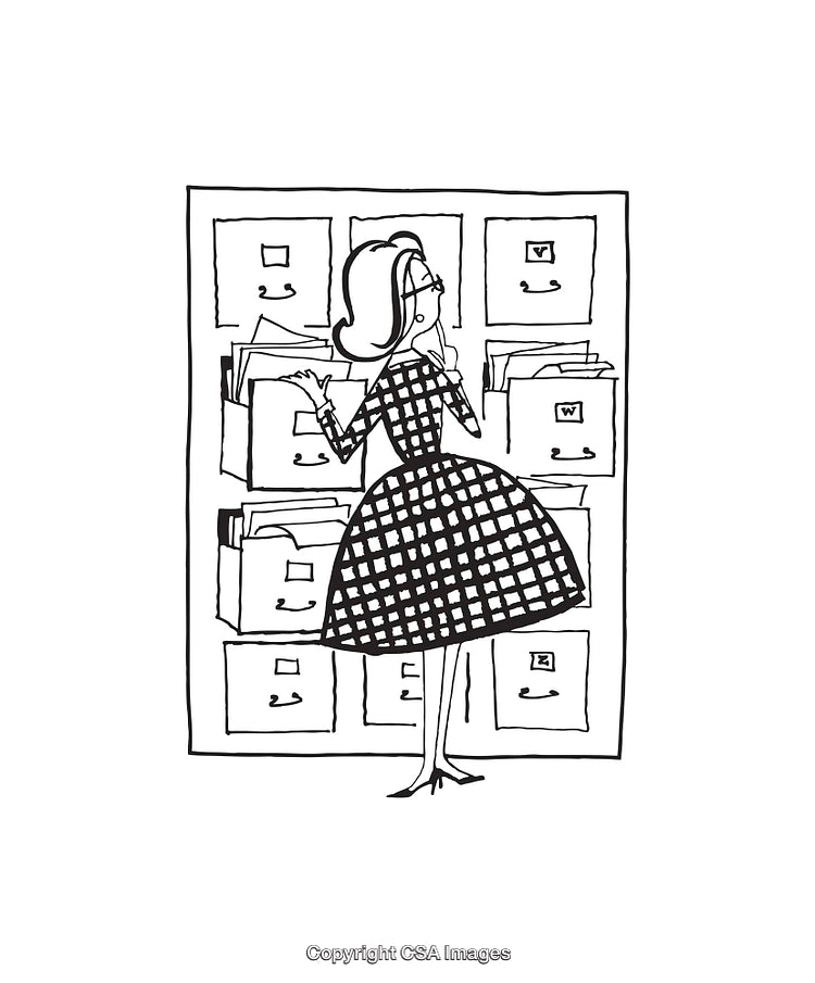 Retro Black and White Illustration of a Woman Searching Files in Drawer