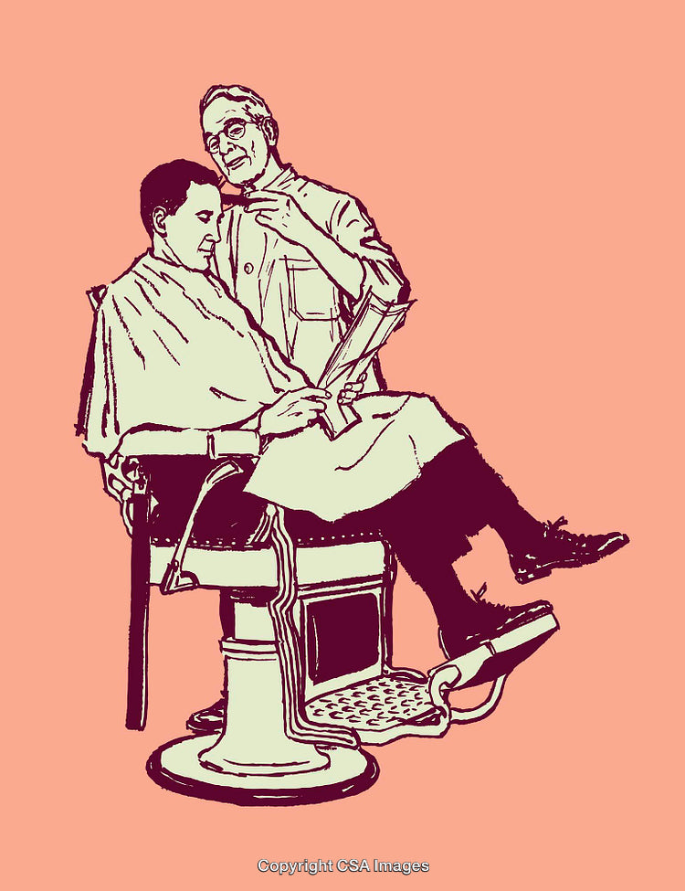 Vintage Illustration Depicting a Barber with Client in Pastel Colors