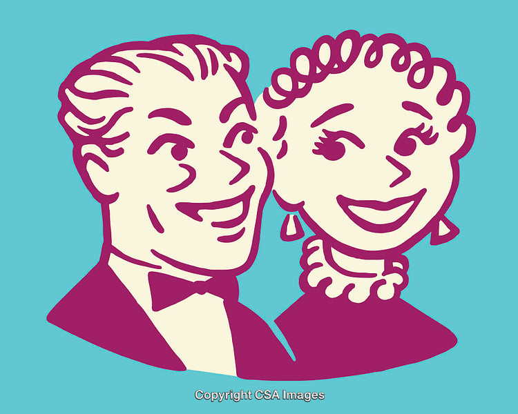 Retro Style Illustration of Cheerful Couple Smiling Together on Teal Background
