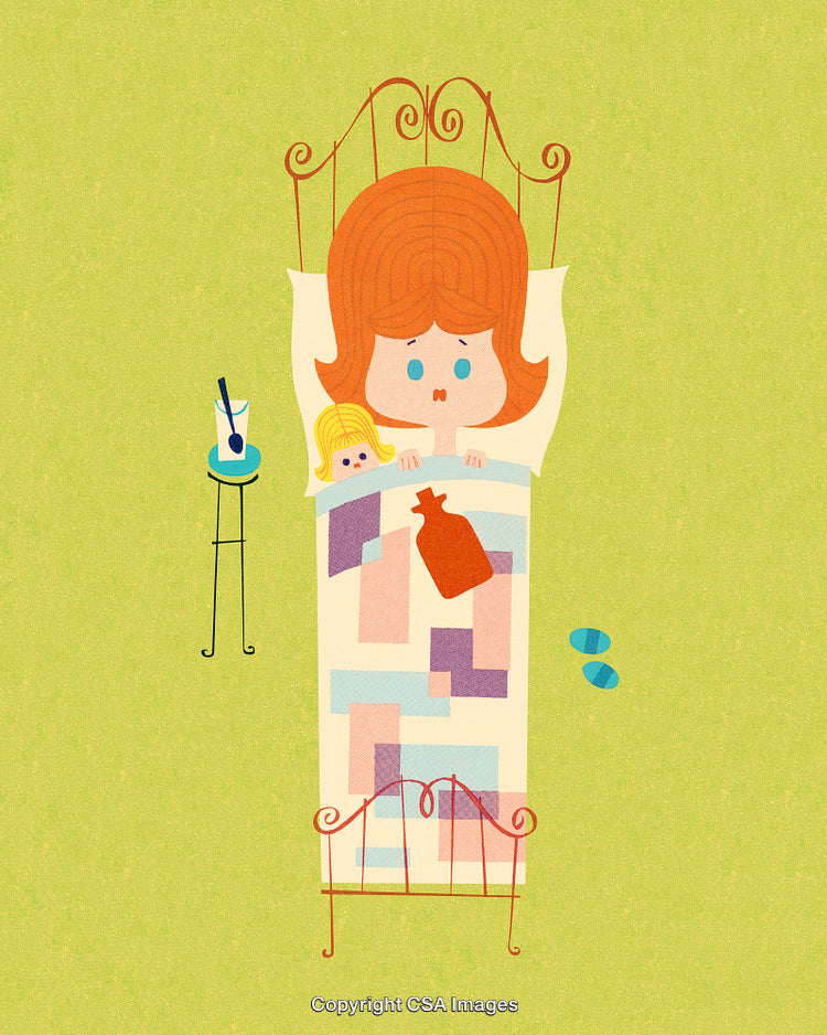 Illustration of Child in Bed With Illness and Vintage Decor Theme