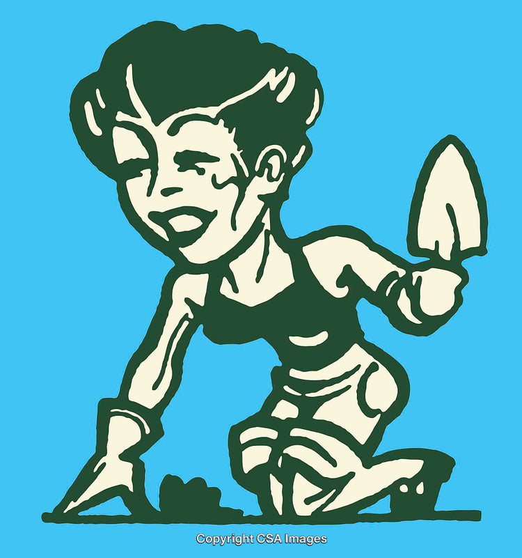 Joyful Gardener Illustration Kneeling With a Trowel in Vibrant Line Art Style
