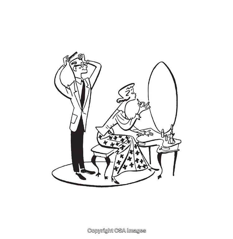 Black And White Line Art of Couple Preparing in Front of Mirror