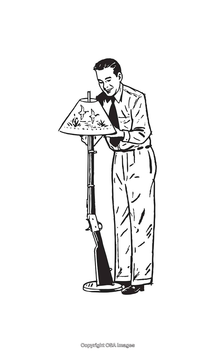 Vintage Black and White Illustration of a Man with Unique Lamp Design