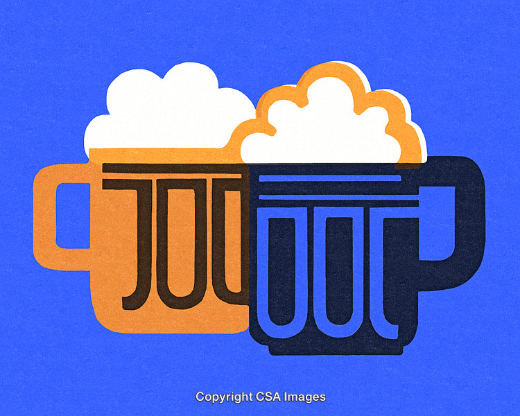 Two Beer Mugs Clinking Together with Foam in a Stylized Design