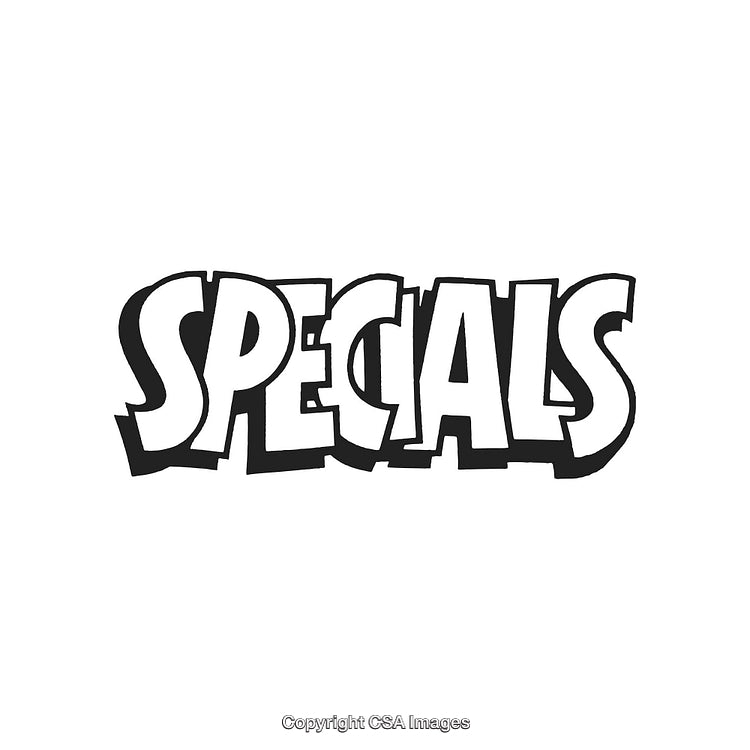 Black and White Cartoon Style Text Design Highlighting Specials